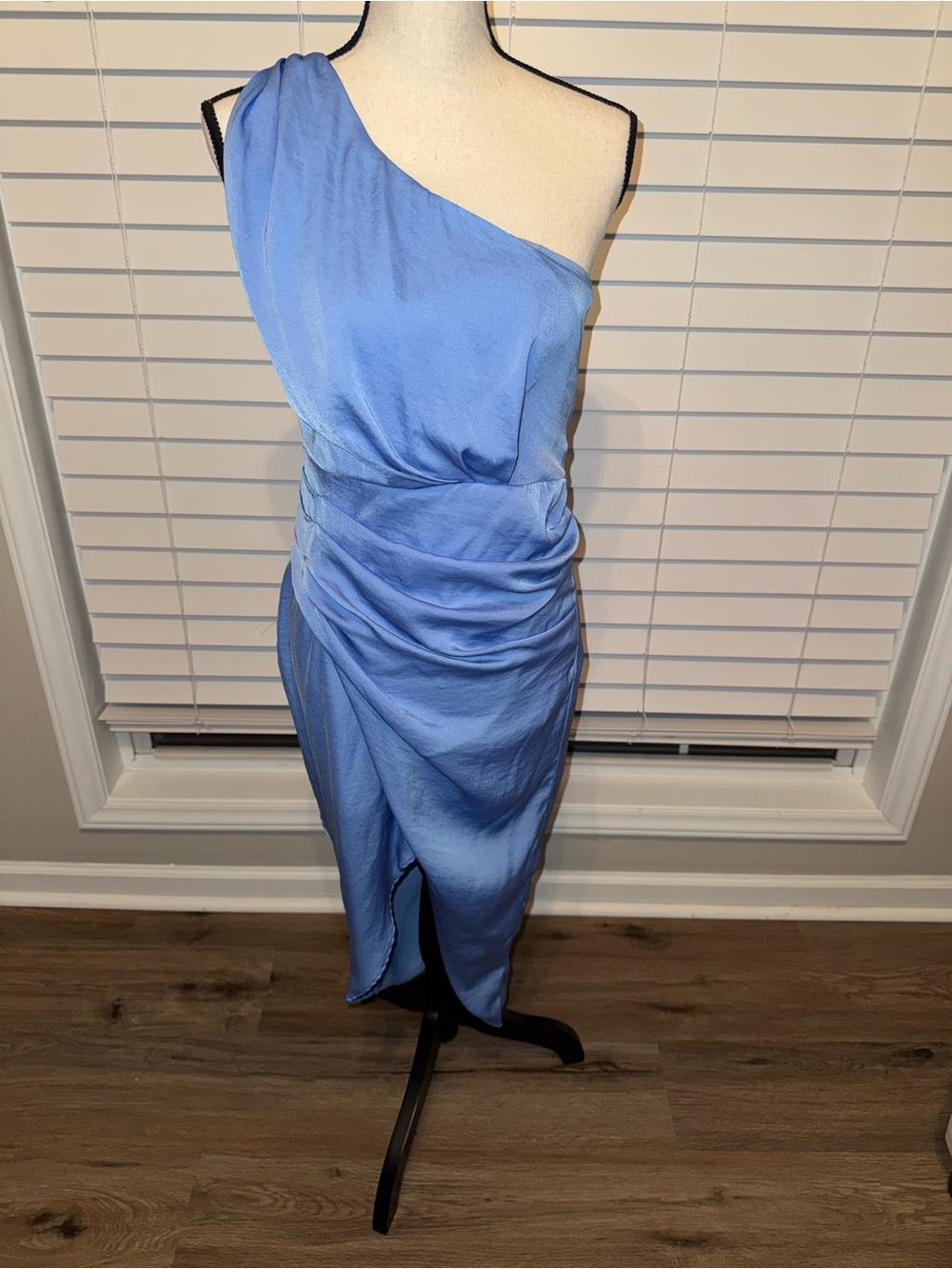 Anna Grace One-Shoulder Light Blue Ruched Dress